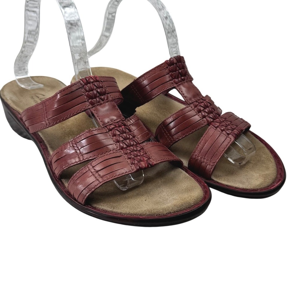 Clarks Slide Sandals Womens 8.5M Burgundy Leather Woven Bendables Comfort Casual - Picture 6 of 15